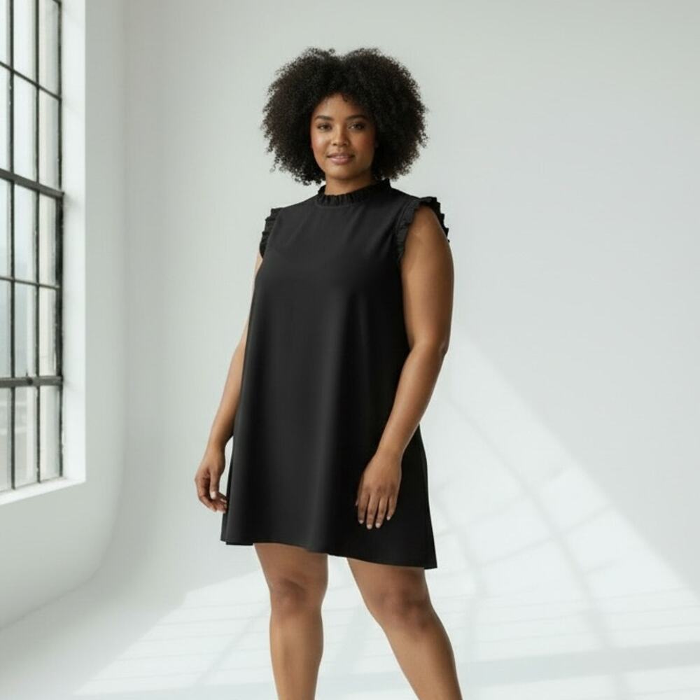 Nicole Miller Ruffle Sleeveless Shift Dress NWT Women's Sz 3X Black Mini LBD